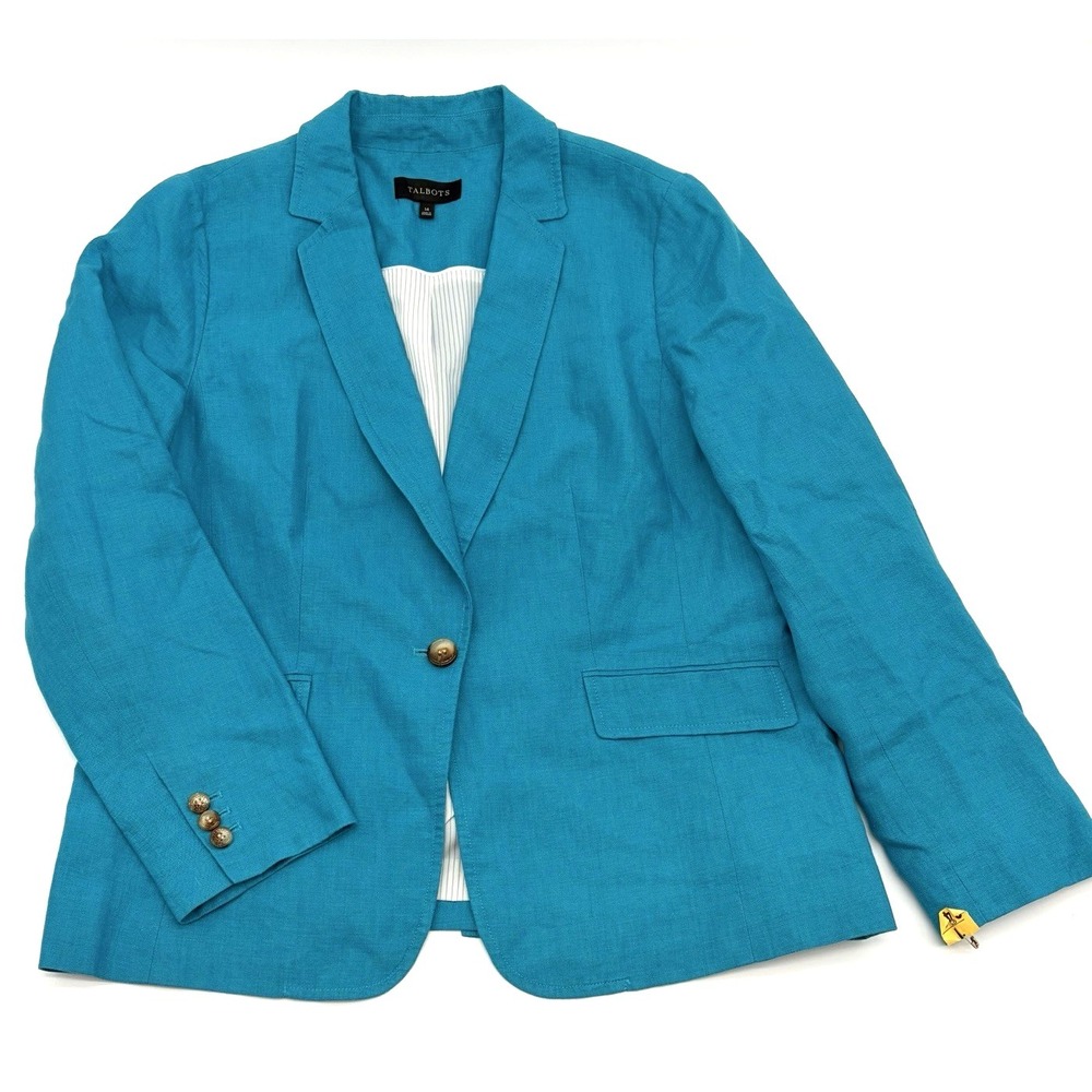 Talbots Teal 100% Linen Blazer Women's size 14 Lined